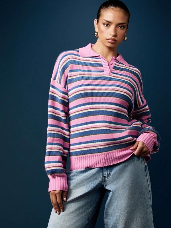 missguided MISSGUIDED Striped Knit Polo Sweater With Ribbed Detailing