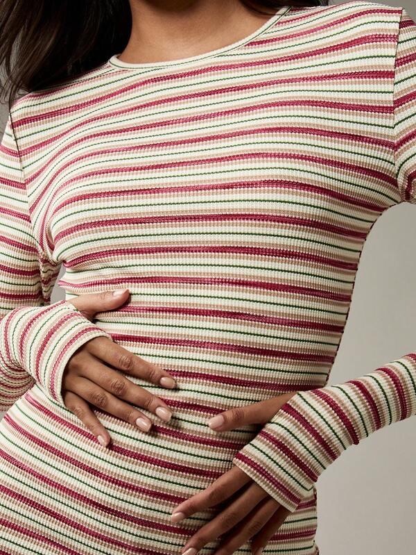 Missguided MISSGUIDED Striped Knit Ribbed Fitted Long Sleeve Lounge Two-Piece Outfit