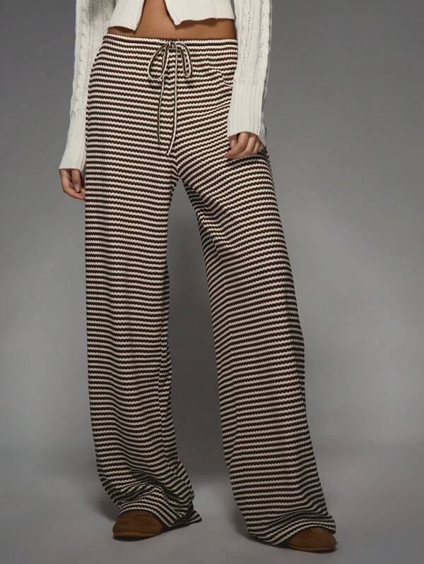 missguided MISSGUIDED Striped Knit Wide Leg Palazzo Pants With Drawstring