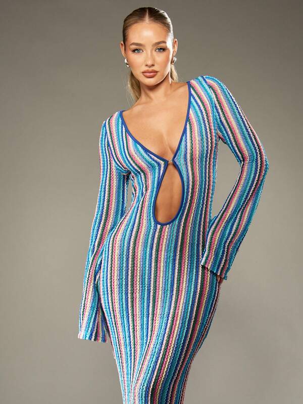 Missguided MISSGUIDED Striped Knitted Maxi Dress With Keyhole Front Detail