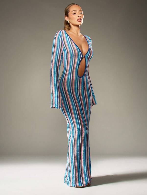 Missguided MISSGUIDED Striped Knitted Maxi Dress With Keyhole Front Detail