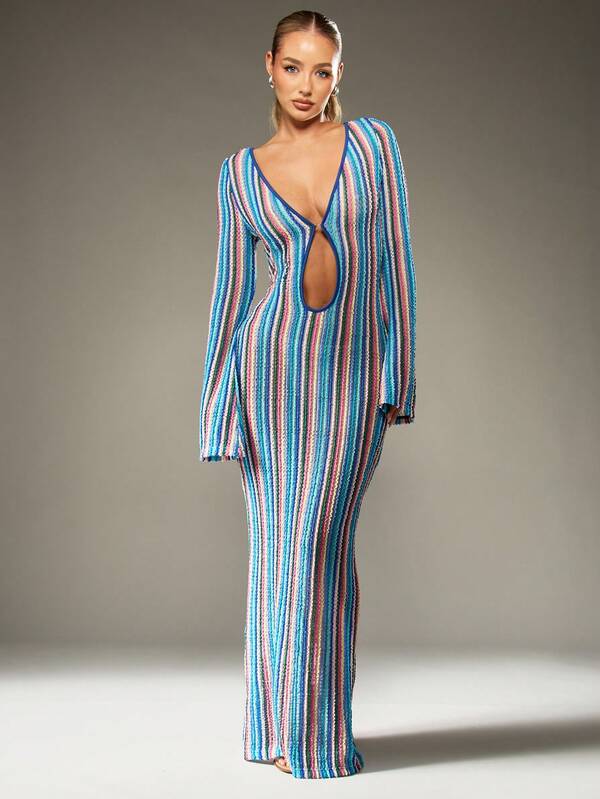 missguided MISSGUIDED Striped Knitted Maxi Dress With Keyhole Front Detail