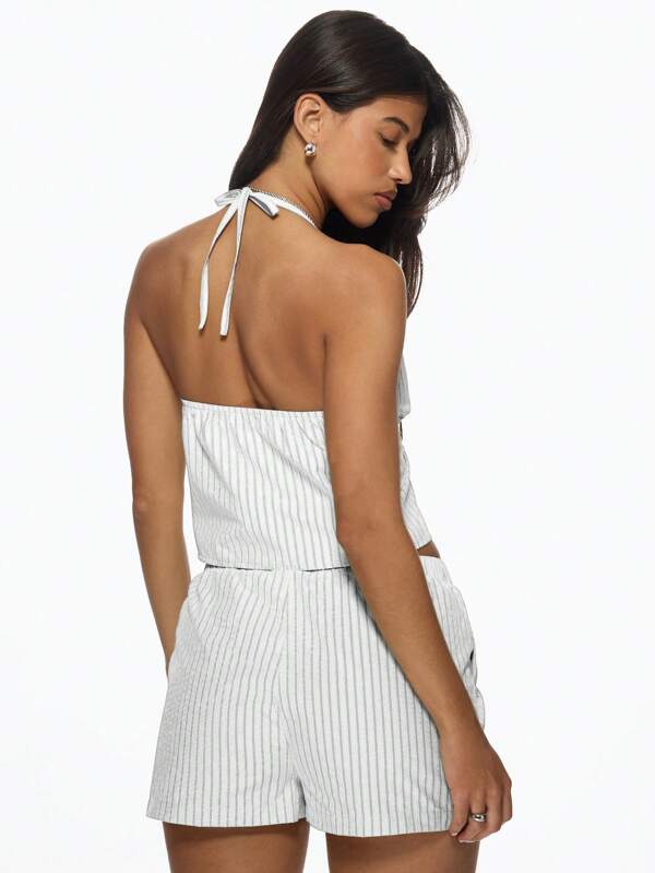 Missguided MISSGUIDED Striped Linen Feel Halter Neck Tie Front Two Piece Outfit
