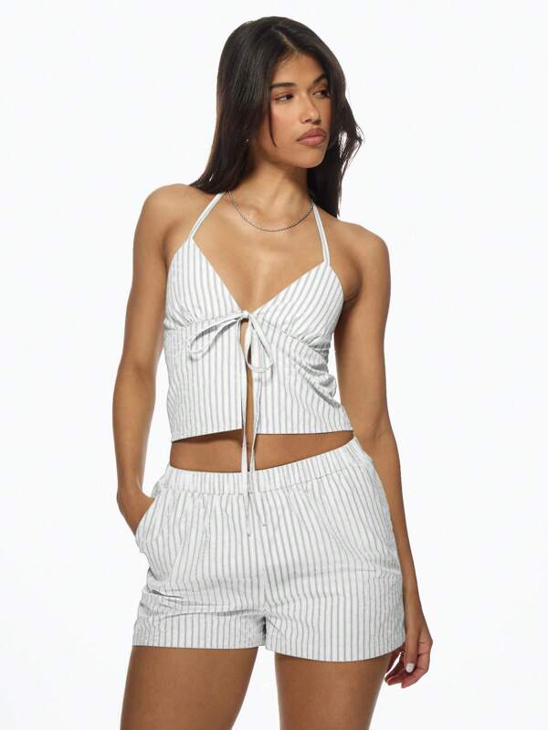 missguided MISSGUIDED Striped Linen Feel Halter Neck Tie Front Two Piece Outfit