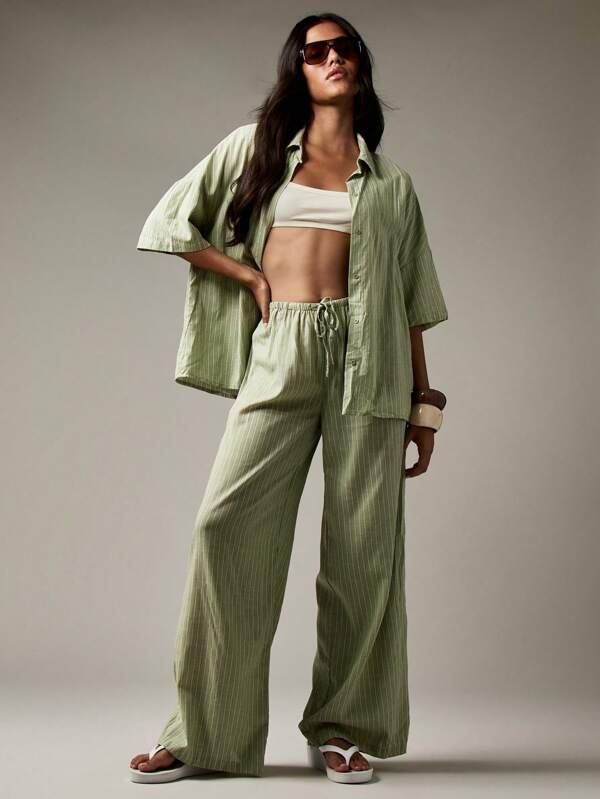 missguided MISSGUIDED Striped Linen Feel Shirt And Wide Leg Pants Coord Set