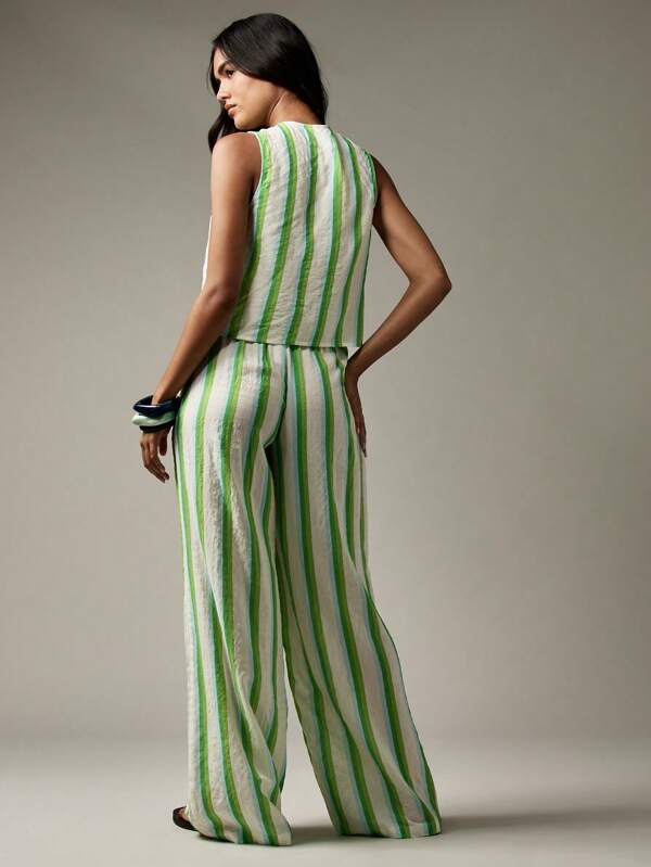 Missguided MISSGUIDED Striped Linen Feel Vest And Wide Leg Pants With Front Ties
