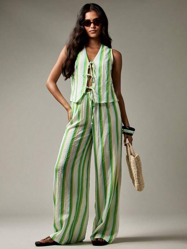 Missguided MISSGUIDED Striped Linen Feel Vest And Wide Leg Pants With Front Ties