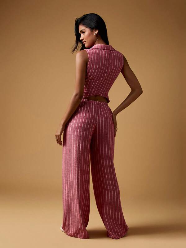 Missguided MISSGUIDED Striped Linen Feel Wrap Top With Palazzo Pants Coordinates