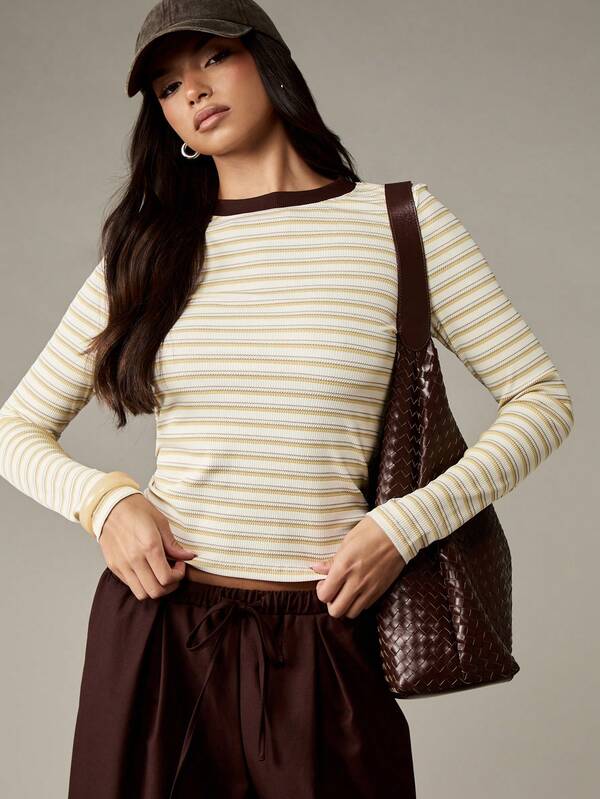 missguided MISSGUIDED Striped Long Sleeve Baby Tee With Ribbed Trim