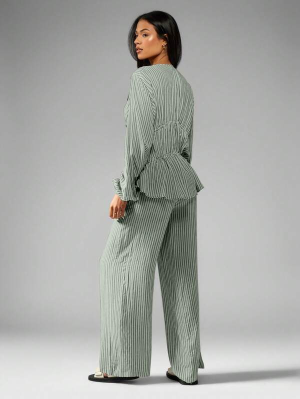 Missguided MISSGUIDED Striped Long Sleeve Blouse And Wide Leg Pants Set