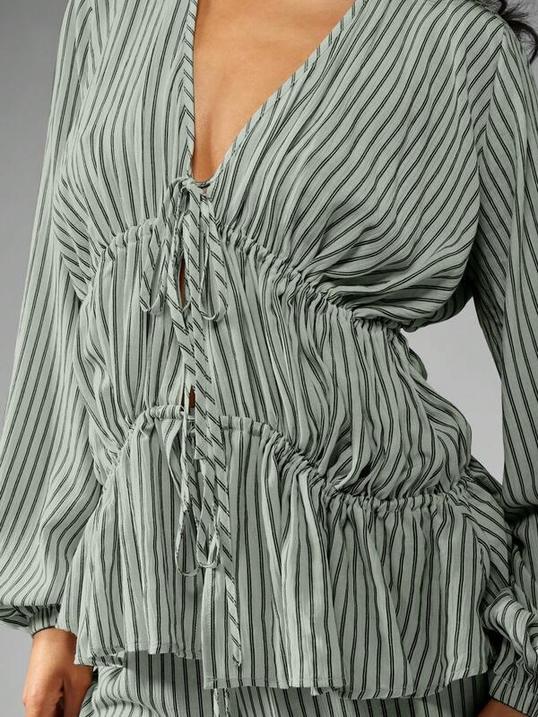 Missguided MISSGUIDED Striped Long Sleeve Blouse And Wide Leg Pants Set