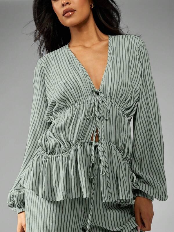 Missguided MISSGUIDED Striped Long Sleeve Blouse And Wide Leg Pants Set