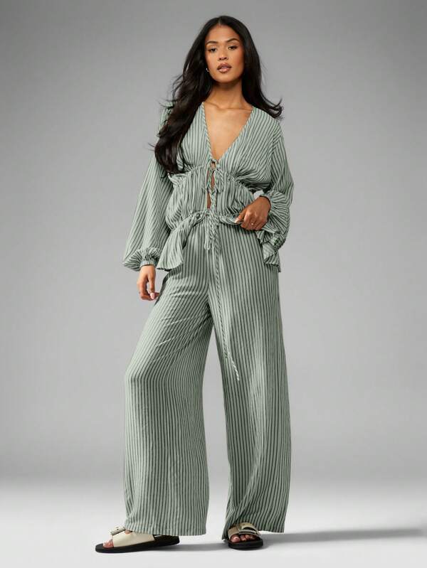 missguided MISSGUIDED Striped Long Sleeve Blouse And Wide Leg Pants Set