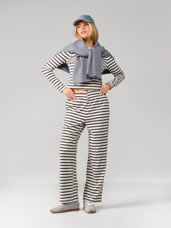 missguided MISSGUIDED Striped Long Sleeve Crew Neck Lounge Set