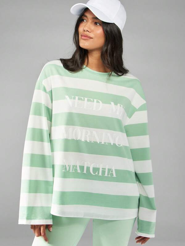 Missguided MISSGUIDED Striped Long Sleeve Crewneck T-Shirt With Text Print