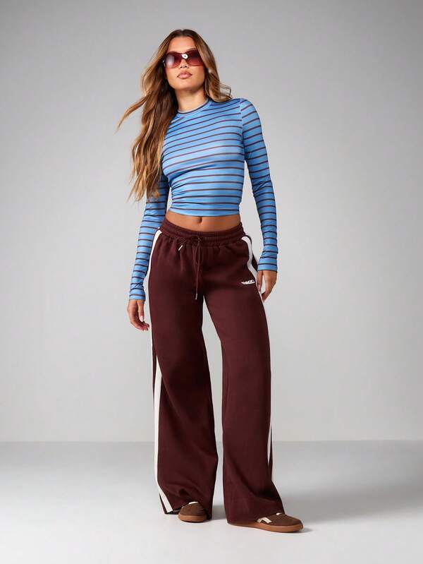 Missguided MISSGUIDED Striped Long Sleeve Crop Top With Crew Neck