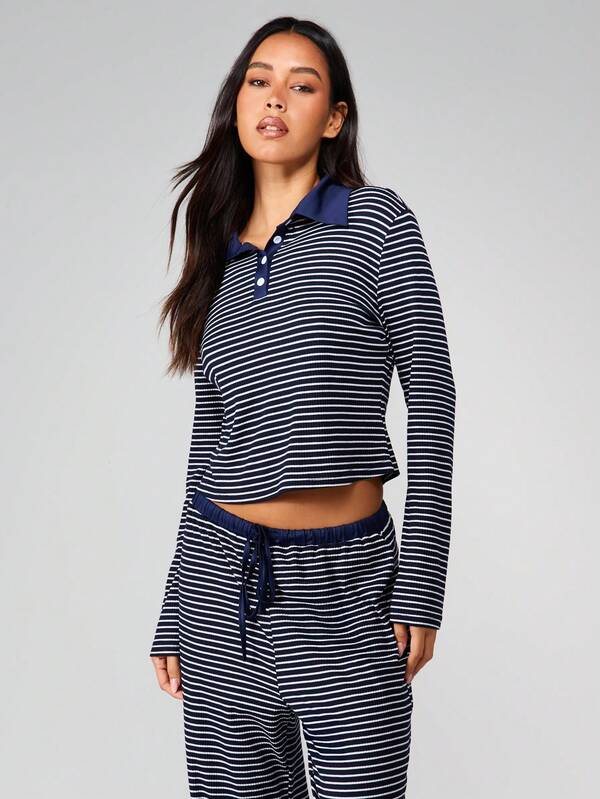 Missguided MISSGUIDED Striped Long Sleeve Lounge Set With Collar