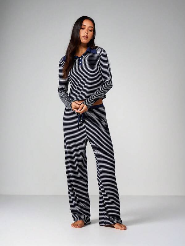 Missguided MISSGUIDED Striped Long Sleeve Lounge Set With Collar