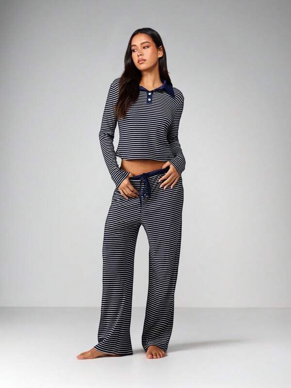 missguided MISSGUIDED Striped Long Sleeve Lounge Set With Collar