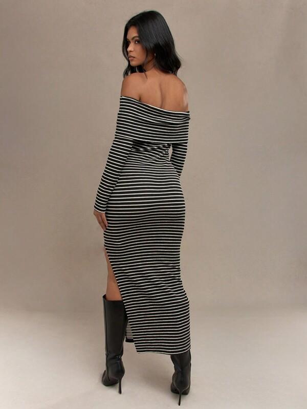 Missguided MISSGUIDED Striped Long Sleeve Side Slit Hem Bodycon Bardot Maxi Dress
