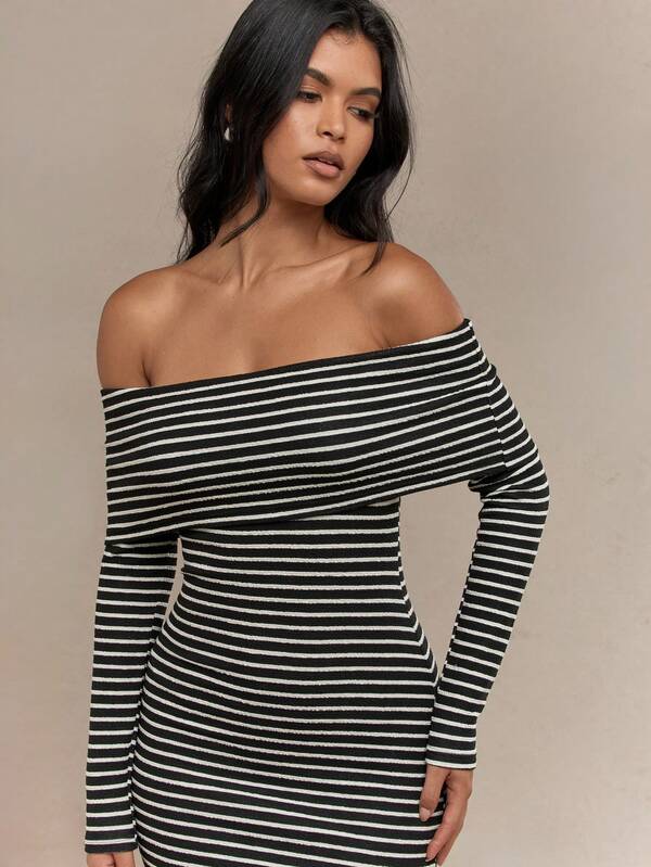 Missguided MISSGUIDED Striped Long Sleeve Side Slit Hem Bodycon Bardot Maxi Dress