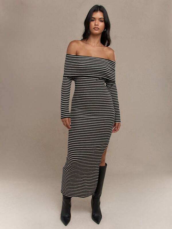 Missguided MISSGUIDED Striped Long Sleeve Side Slit Hem Bodycon Bardot Maxi Dress
