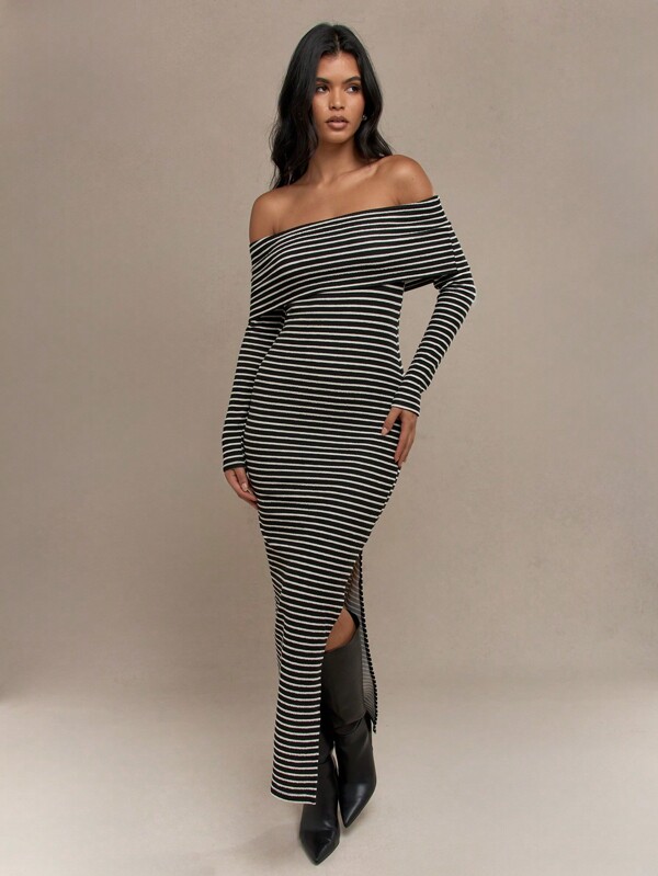 missguided MISSGUIDED Striped Long Sleeve Side Slit Hem Bodycon Bardot Maxi Dress