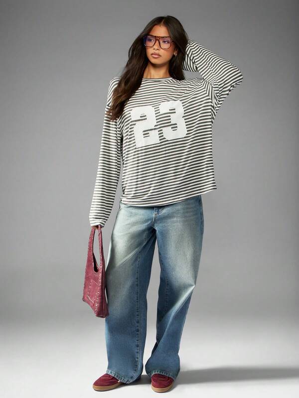 Missguided MISSGUIDED Striped Long Sleeve T Shirt With Numeric Print