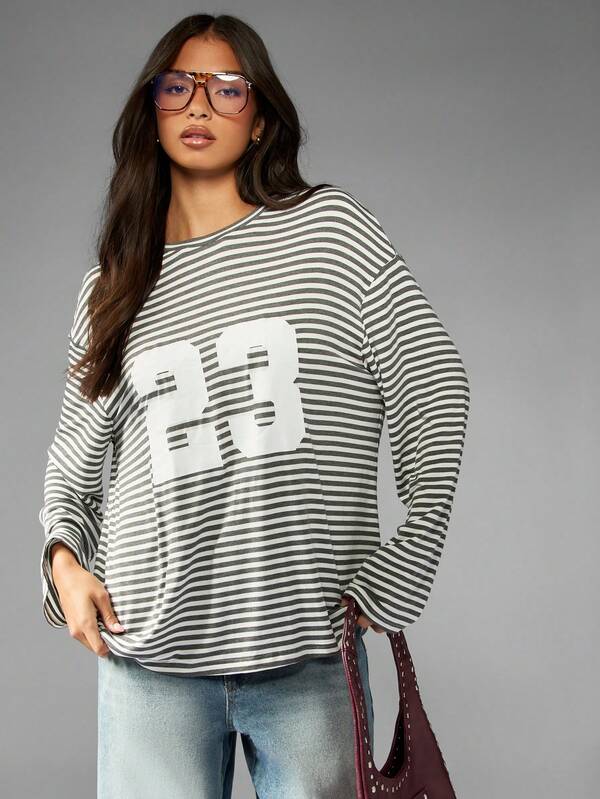 Missguided MISSGUIDED Striped Long Sleeve T Shirt With Numeric Print