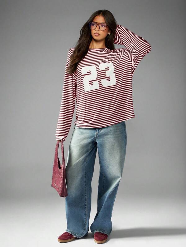 Missguided MISSGUIDED Striped Long Sleeve Tee With Number Print