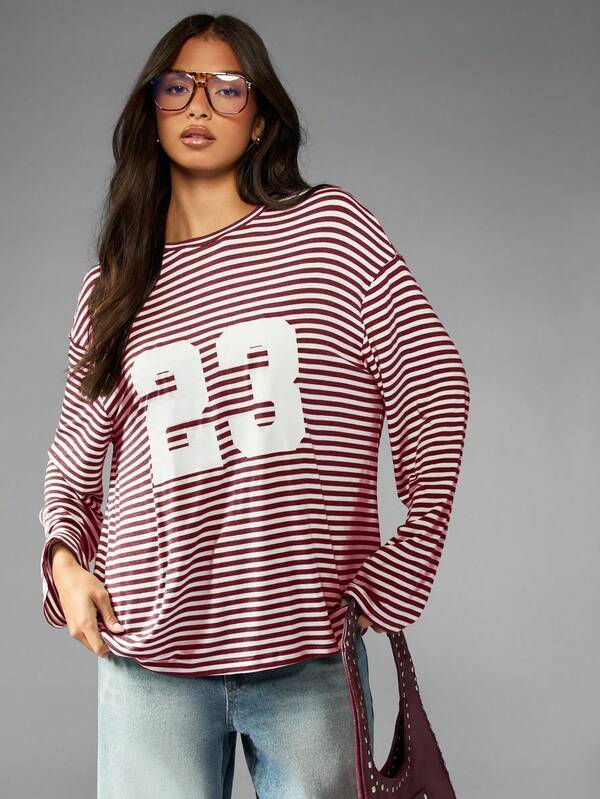 Missguided MISSGUIDED Striped Long Sleeve Tee With Number Print
