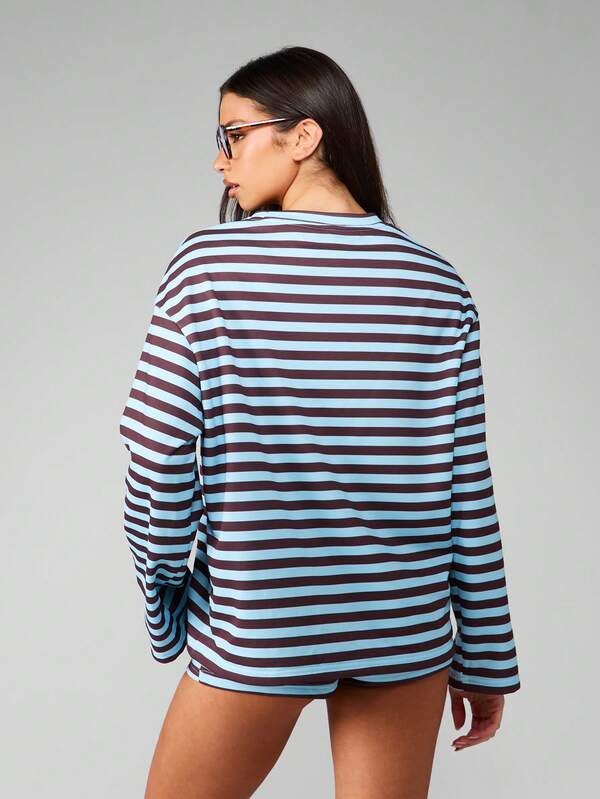 Missguided MISSGUIDED Striped Long Sleeve Top With Matching Cycling Shorts