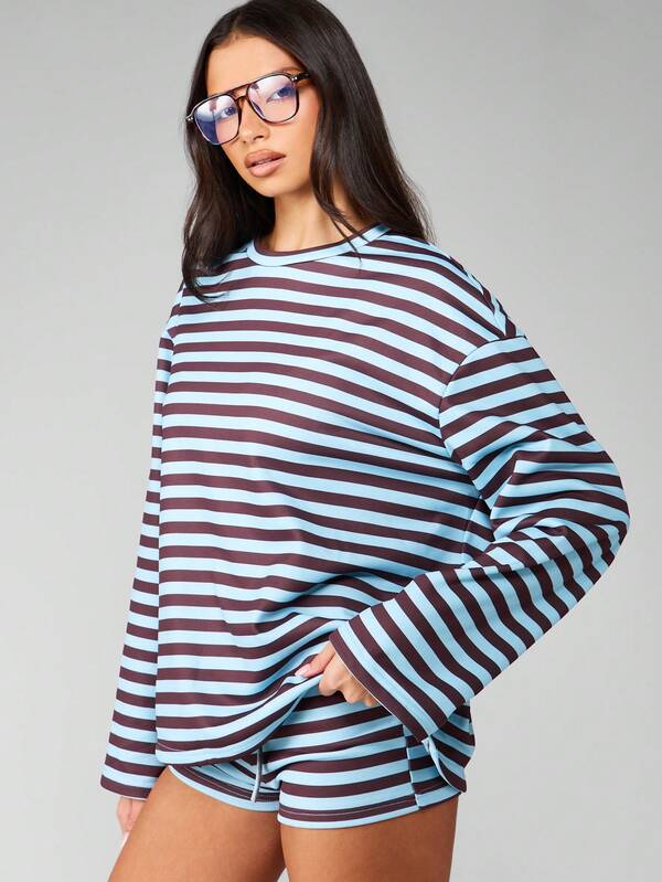 Missguided MISSGUIDED Striped Long Sleeve Top With Matching Cycling Shorts