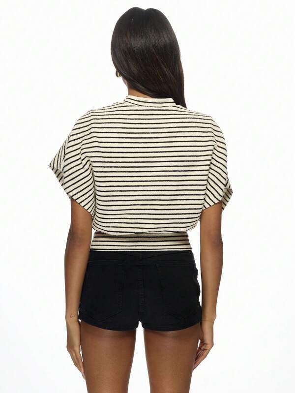 Missguided MISSGUIDED Striped Mock Neck Batwing Top Cinched Waist Knit Pullover