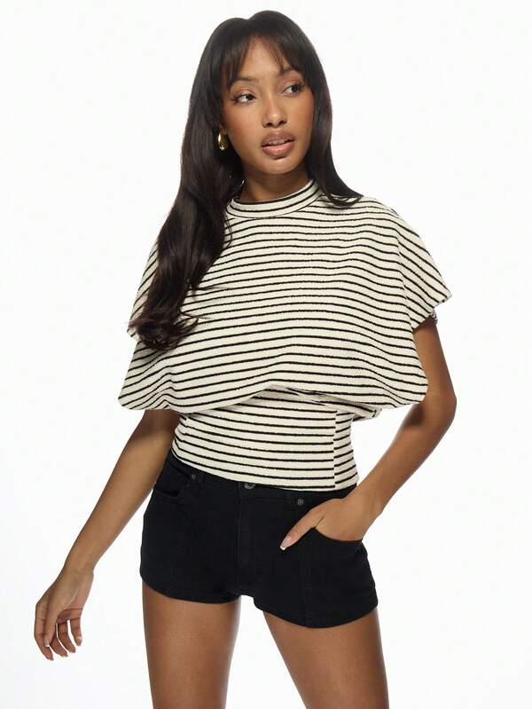 Missguided MISSGUIDED Striped Mock Neck Batwing Top Cinched Waist Knit Pullover