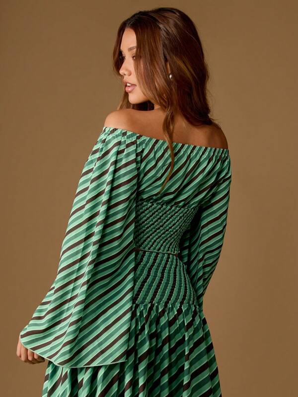 Missguided MISSGUIDED Striped Off Shoulder Smocked Crop Top With Bell Sleeves