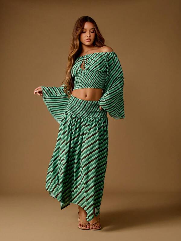 Missguided MISSGUIDED Striped Off Shoulder Smocked Crop Top With Bell Sleeves