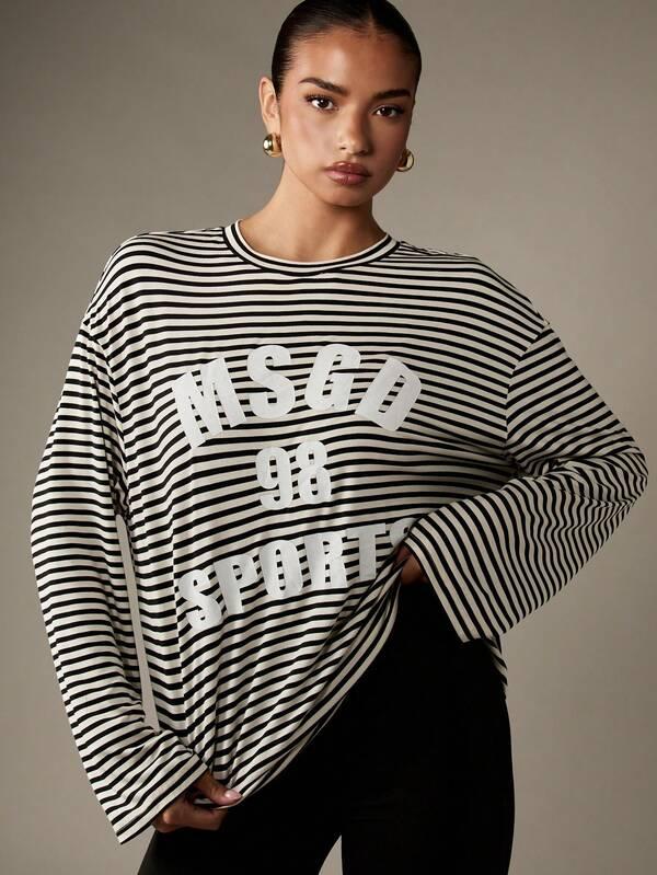 Missguided MISSGUIDED Striped Oversized Long Sleeve T-Shirt With Varsity Logo