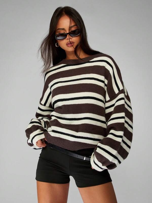 missguided MISSGUIDED Striped Oversized Sweater With Balloon Sleeves And Ribbed Trim
