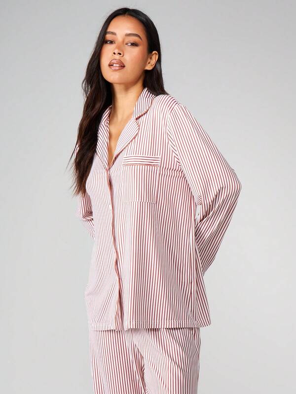 Missguided MISSGUIDED Striped Pajama Set With Button Up Shirt