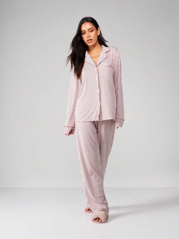 Missguided MISSGUIDED Striped Pajama Set With Button Up Shirt