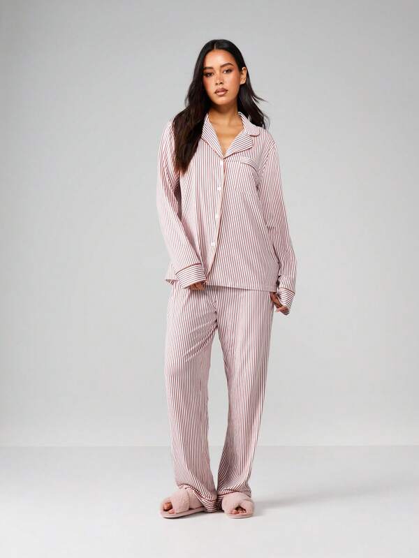 missguided MISSGUIDED Striped Pajama Set With Button Up Shirt