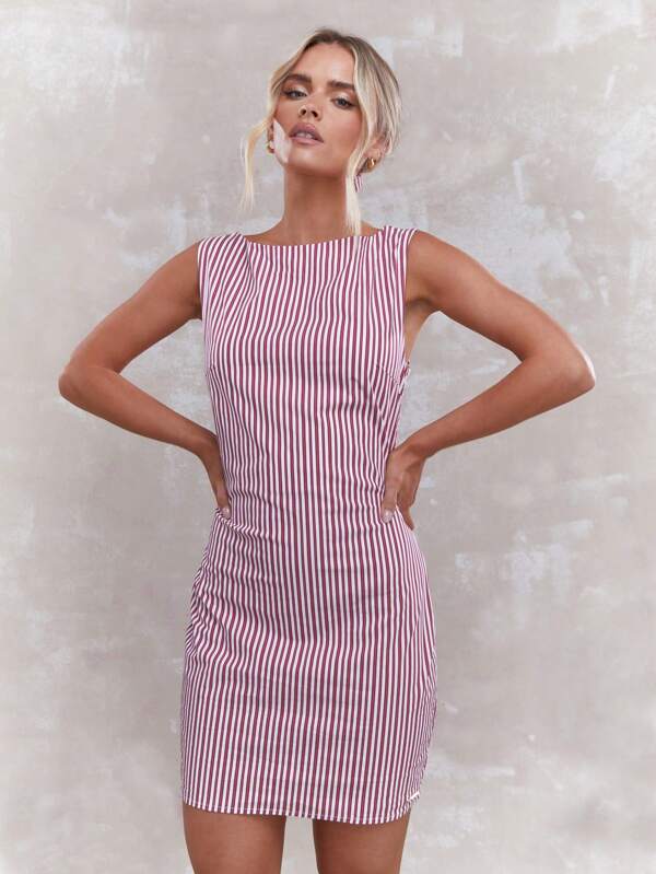 missguided MISSGUIDED Striped Pintuck Sleeveless Mini Sheath Dress With Matching Scrunchie
