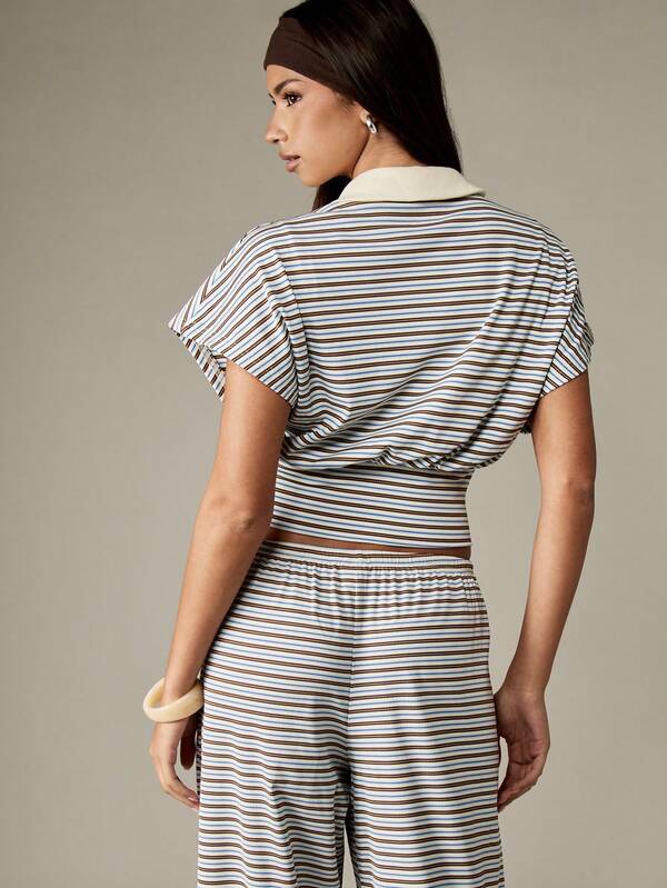 Missguided MISSGUIDED Striped Polo Crop Top With Cinched Waist Design
