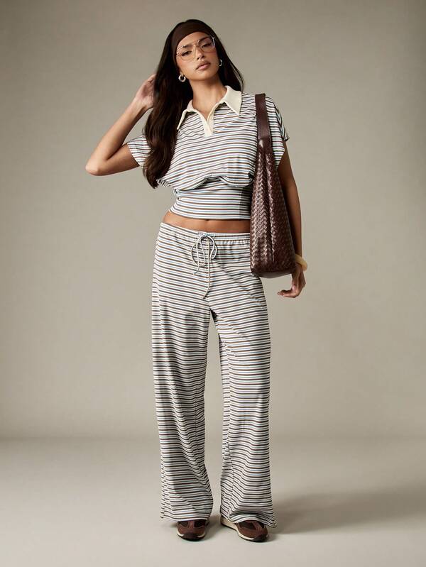 Missguided MISSGUIDED Striped Polo Crop Top With Cinched Waist Design