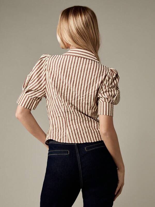 Missguided MISSGUIDED Striped Puff Sleeve Crop Shirt With Ruched Front