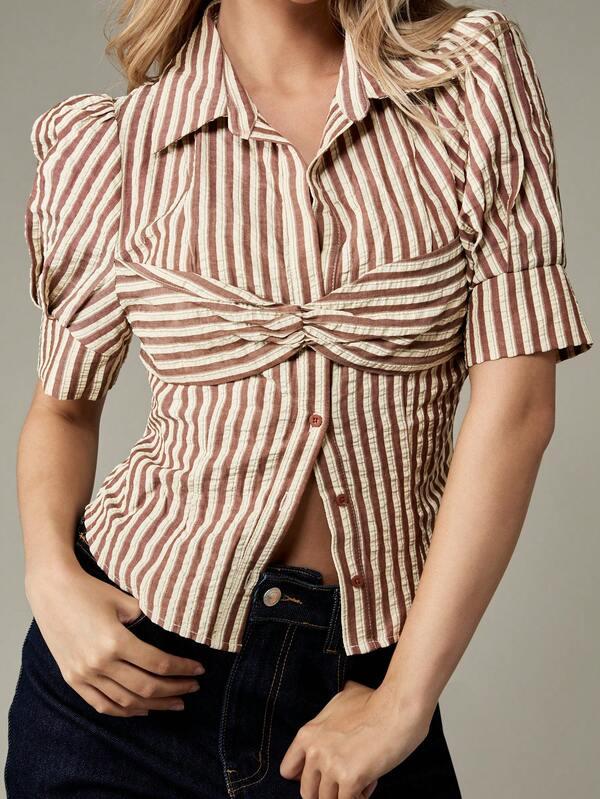 missguided MISSGUIDED Striped Puff Sleeve Crop Shirt With Ruched Front