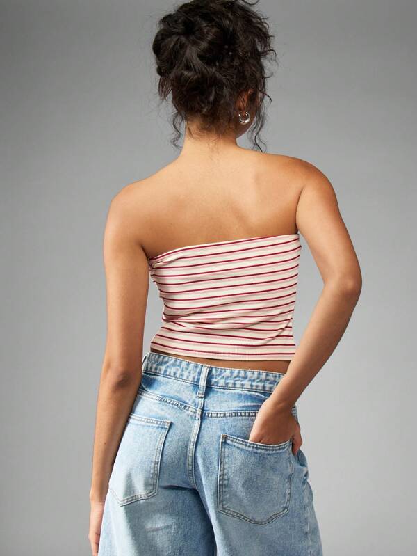 Missguided MISSGUIDED Striped Ribbed Bandeau Strapless Crop Tube Top