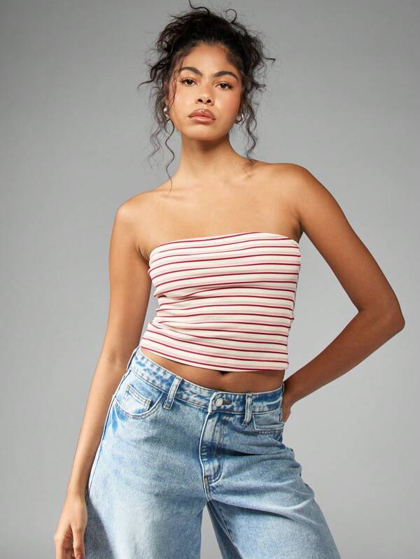 missguided MISSGUIDED Striped Ribbed Bandeau Strapless Crop Tube Top