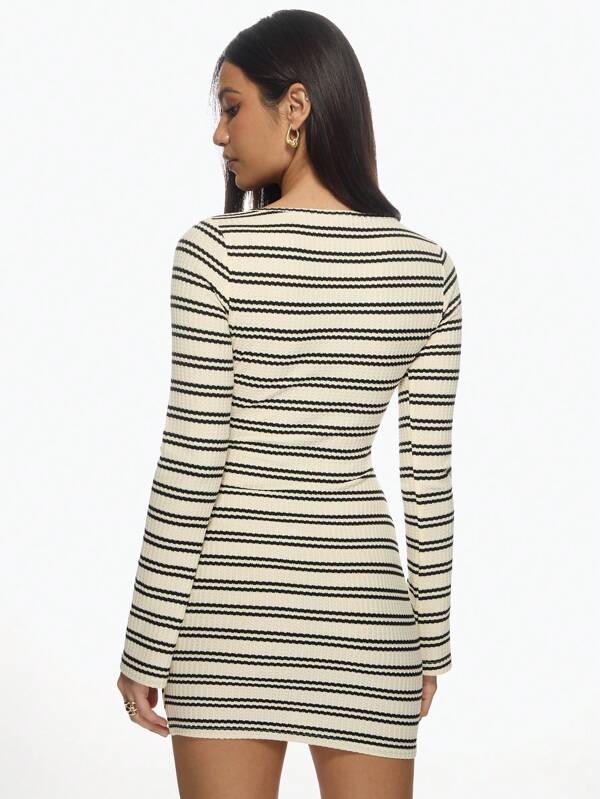 Missguided MISSGUIDED Striped Ribbed Bodycon Cut-Out Front Long Sleeve Sweater Mini Dress